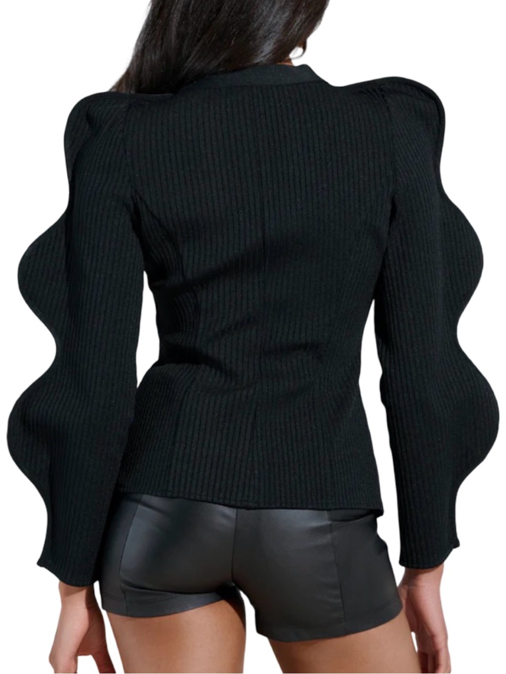 NWT AKIRA Black Wavy Structured Sleeve Ribbed Cardigan L/XL Statement Sweater - Picture 3 of 13
